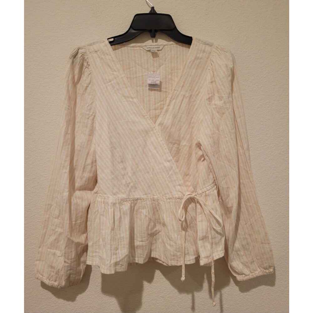 NWT American Eagle AEO Wrap Peplum Long Sleeve White Beige Stripe Blouse large